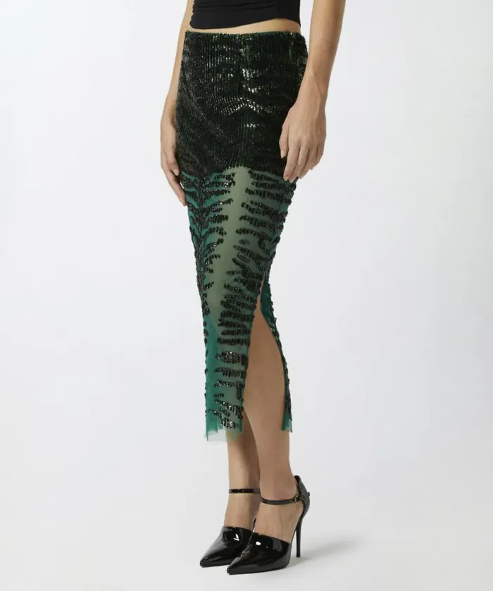 Women Skirts Pinko Pencil Skirt With Zebraeffect Sequin Embroidery Greenblack Women Skirts Pinko Pencil Skirt With Zebraeffect Sequin Embroidery Greenblack