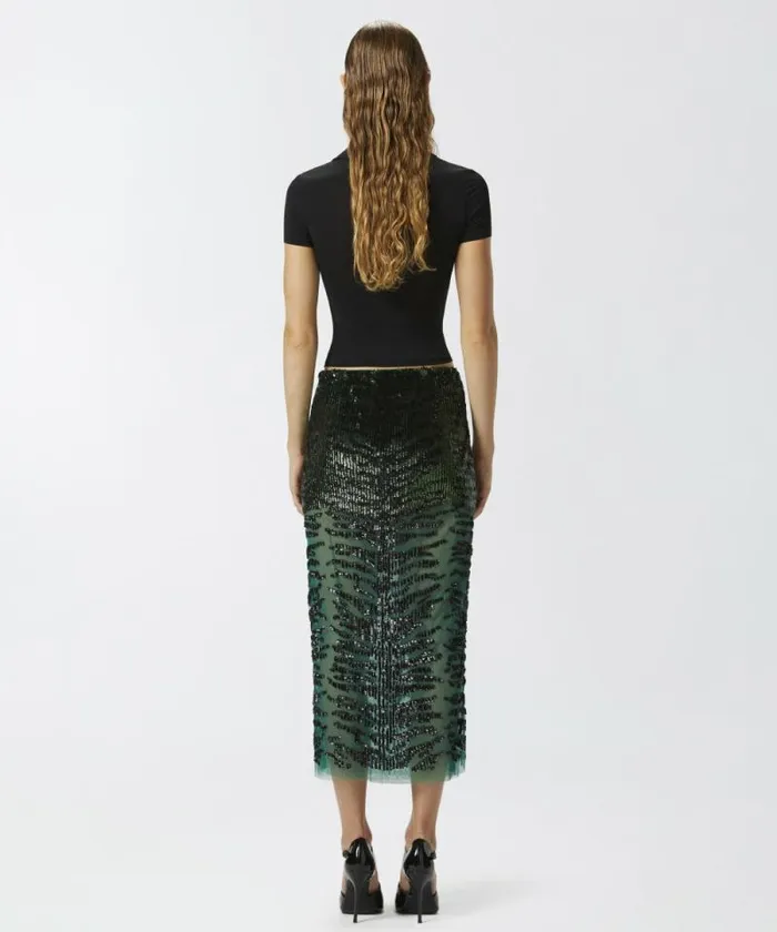 Women Skirts Pinko Pencil Skirt With Zebraeffect Sequin Embroidery Greenblack Women Skirts Pinko Pencil Skirt With Zebraeffect Sequin Embroidery Greenblack