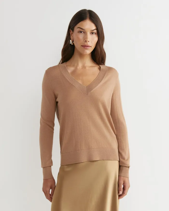 Women Sportscraft Knits and Cardigans Francis Merino VNeck Knit Tan