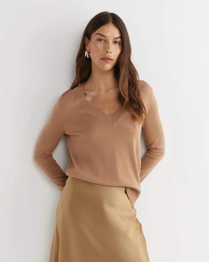 Women Sportscraft Knits and Cardigans Francis Merino VNeck Knit Tan