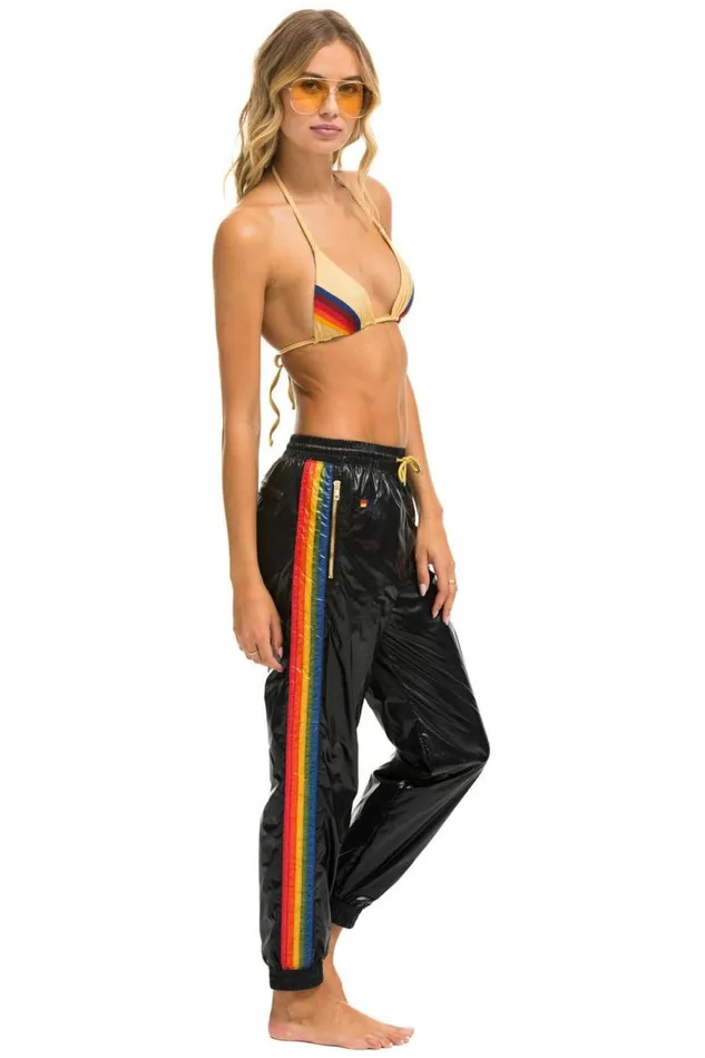 Women Sweatpants Aviator Nation 5 Stripe Wind Pant Black Glossy