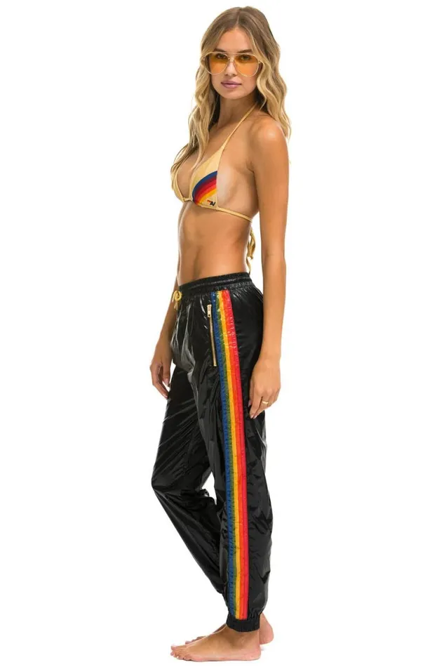 Women Sweatpants Aviator Nation 5 Stripe Wind Pant Black Glossy