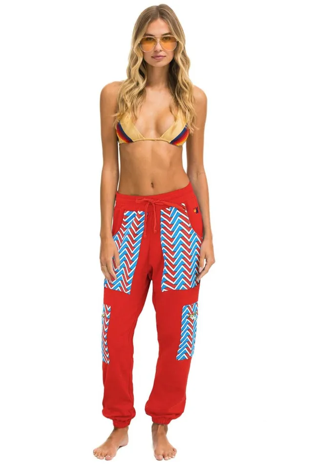 Women Sweatpants Aviator Nation Geo Zig Bolt Embroidery Cargo Color Block Sweatpants 8211 Red Blue