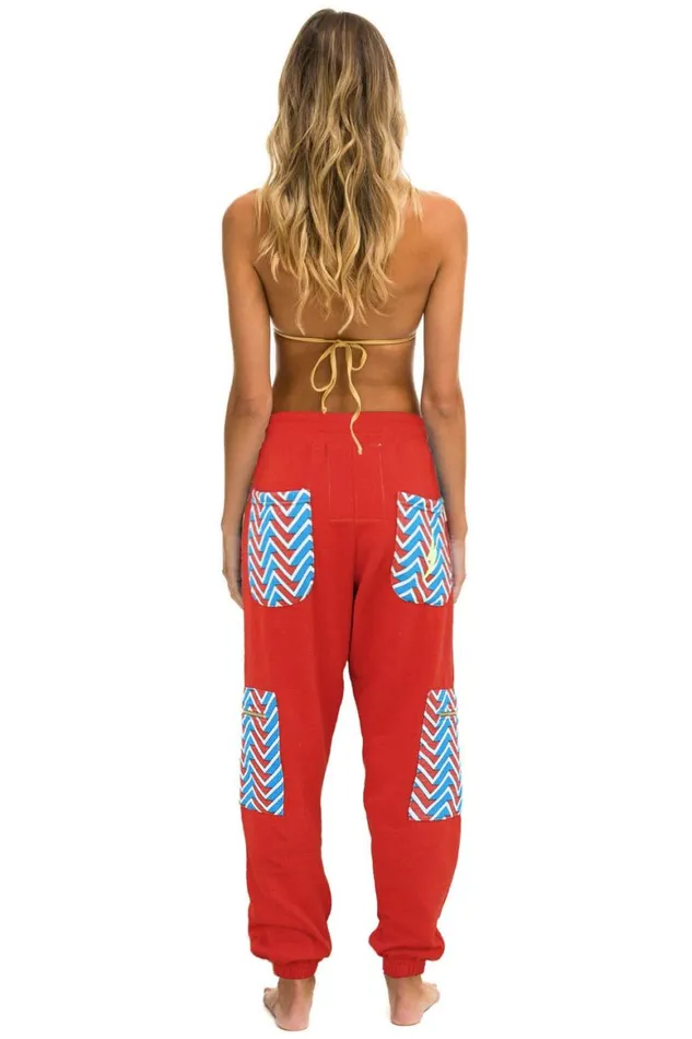 Women Sweatpants Aviator Nation Geo Zig Bolt Embroidery Cargo Color Block Sweatpants 8211 Red Blue