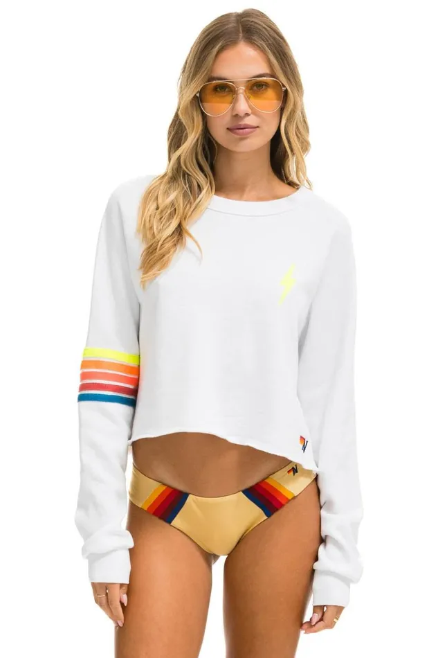 Women Sweatshirts Aviator Nation Bolt Rugby Stitch Cropped Crew Sweatshirt 8211 White Neon Rainbow Women Sweatshirts Aviator Nation Bolt Rugby Stitch Cropped Crew Sweatshirt 8211 White Neon Rainbow