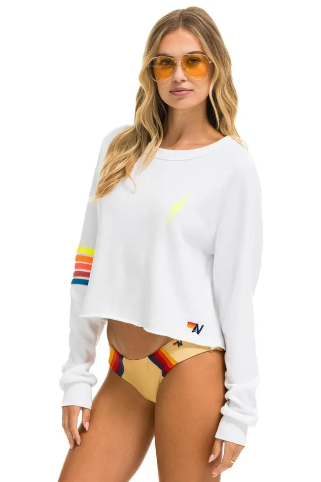 Women Sweatshirts Aviator Nation Bolt Rugby Stitch Cropped Crew Sweatshirt 8211 White Neon Rainbow