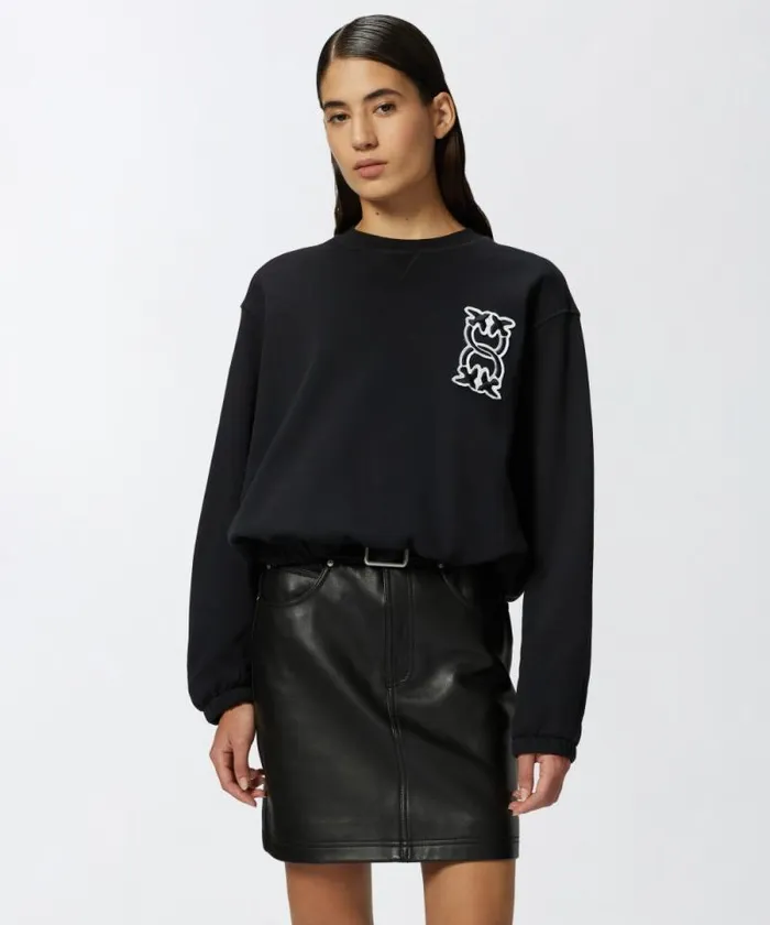 Women Sweatshirts Pinko Crewneck Sweatshirt With Love Birds Monogram Patch Limo Black Women Sweatshirts Pinko Crewneck Sweatshirt With Love Birds Monogram Patch Limo Black