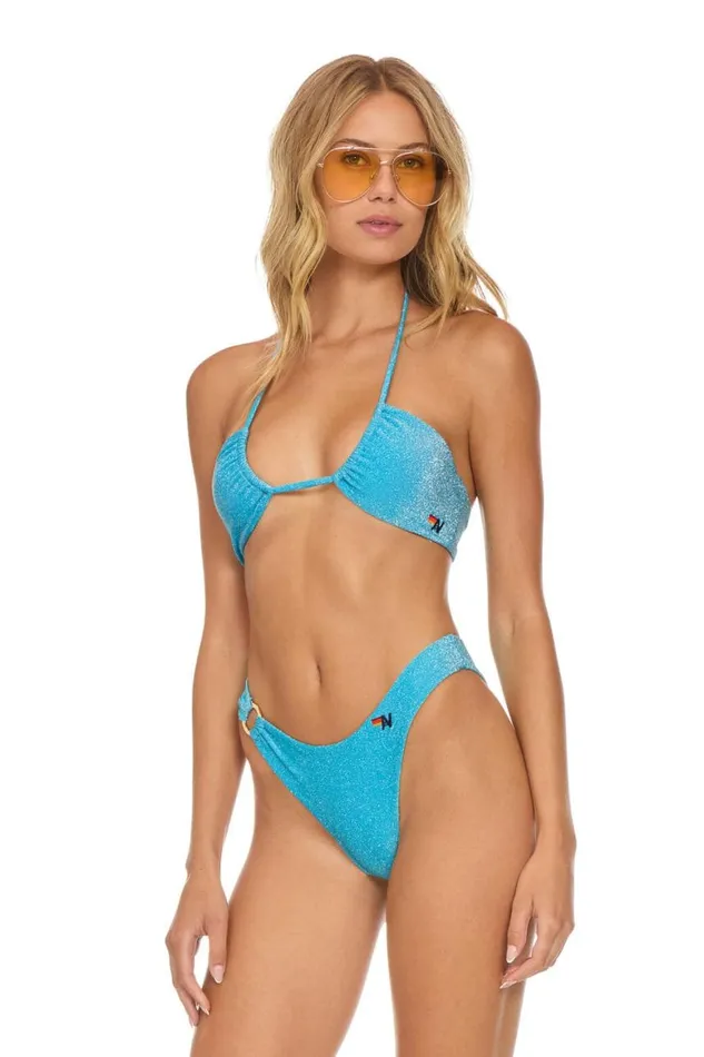 Women Swim Bottoms Aviator Nation Sparkle Gypsy Ring HiCut Full Coverage Bikini Bottoms 8211 Sky