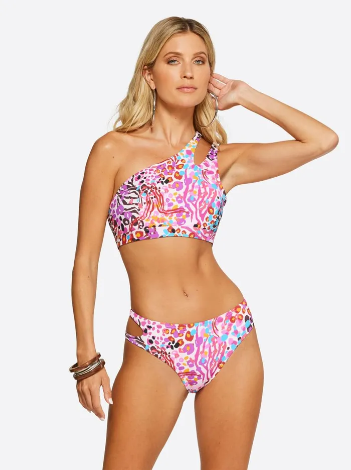 Women Swim Jessica Simpson French Exit One Shoulder Top In Pink Multi