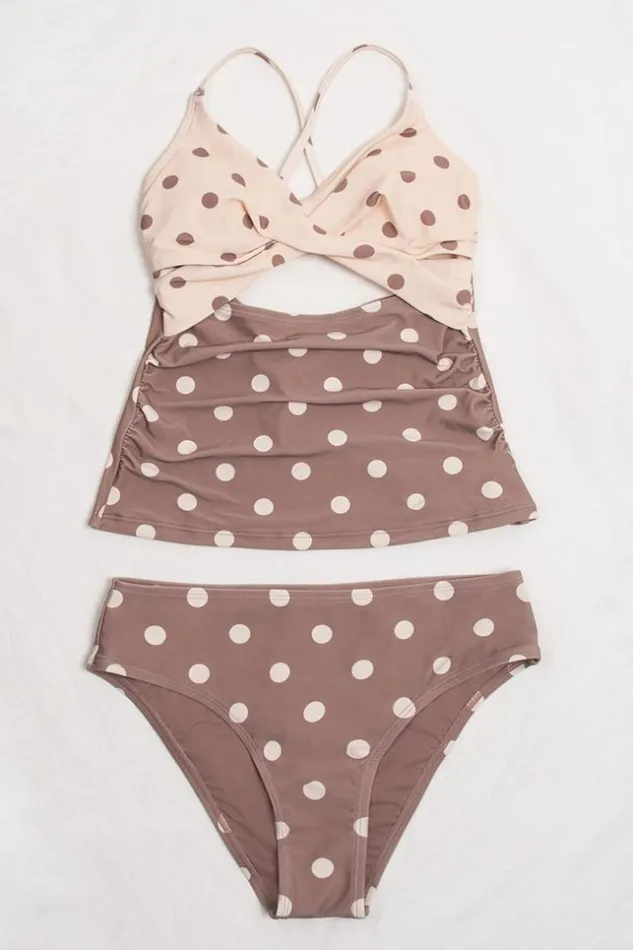 Women Tankini Cupshe Kaylyn Polka Dot Criss Cross Back Tie Tankini Multicolor