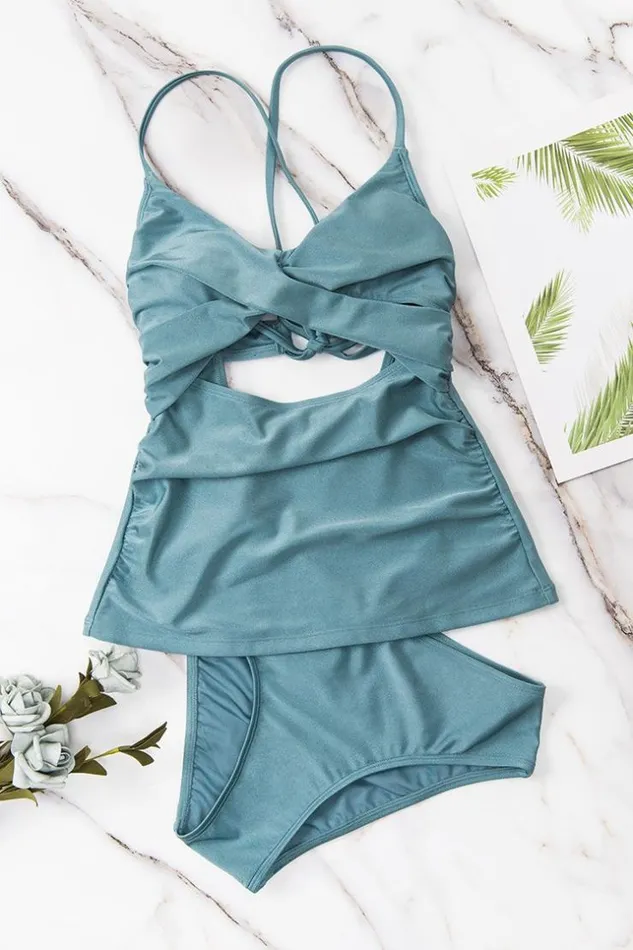 Women Tankini Cupshe Shangrila Solids Wrap Front Tankini and Midrise Hipster Bottom Set Green