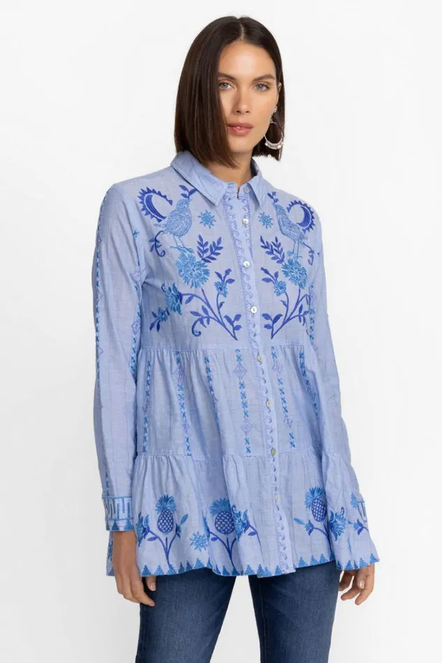 Women TARRA TIERED SHIRT TUNIC Light Denim Blue Johnny Was Tops