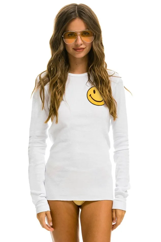 Women Tees Aviator Nation Smiley 2 Thermal 8211 White