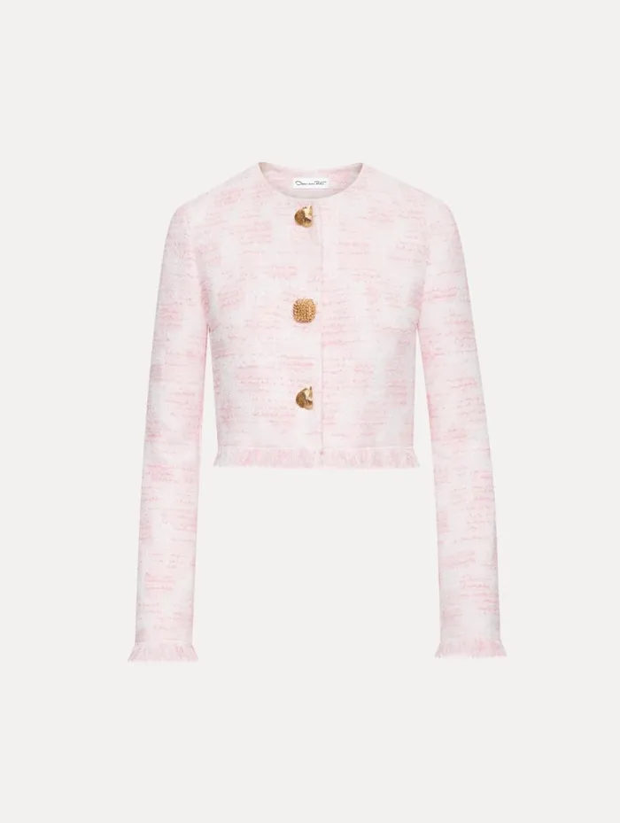 Women Textured Tweed Jacket White Pink Oscar De La Renta Jackets and Coats