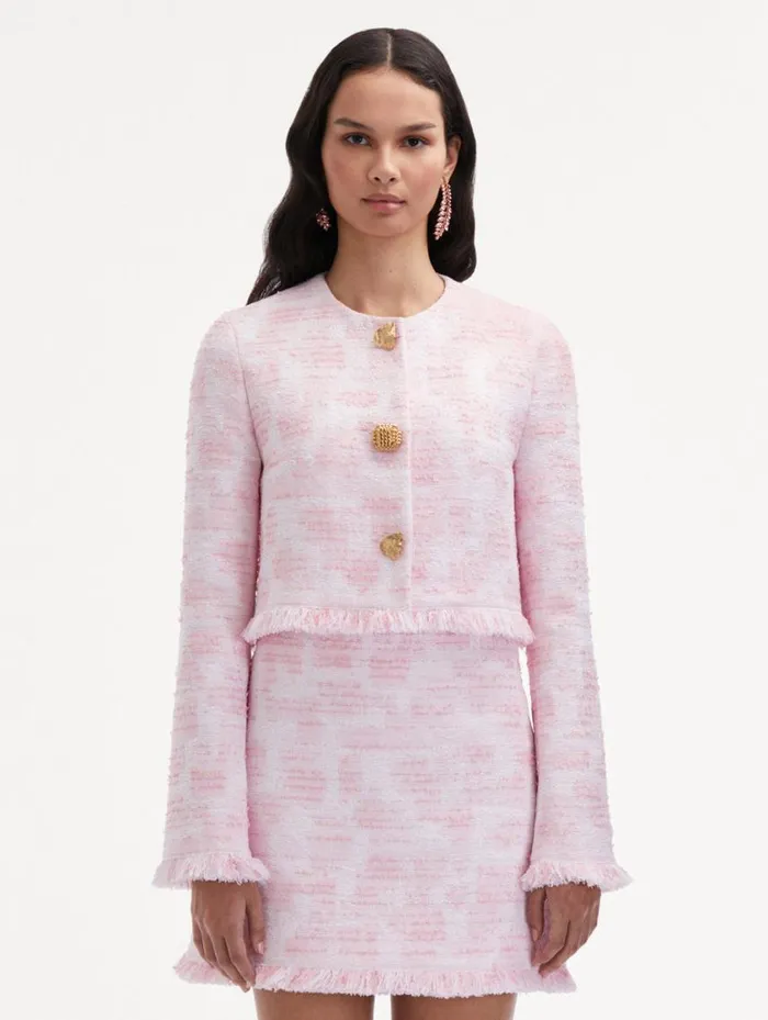 Women Textured Tweed Jacket White Pink Oscar De La Renta Jackets and Coats Women Textured Tweed Jacket White Pink Oscar De La Renta Jackets and Coats