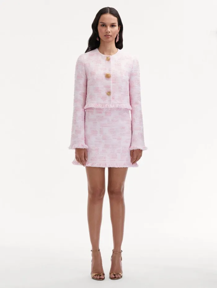 Women Textured Tweed Jacket White Pink Oscar De La Renta Jackets and Coats Women Textured Tweed Jacket White Pink Oscar De La Renta Jackets and Coats