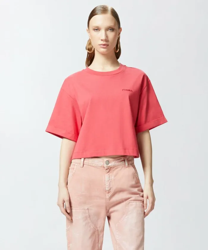 Women Topwear Pinko Cropped Tshirt With Embroidered Logo Redtomato Sauce