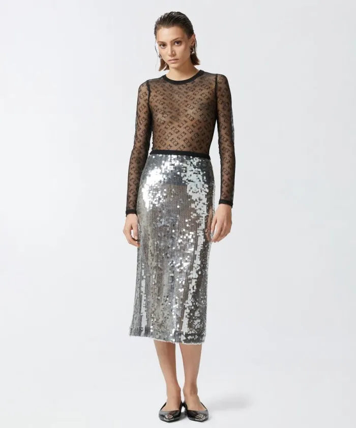Women Topwear Pinko Monogram Transparent Lace Longsleeved Jersey Limo Black