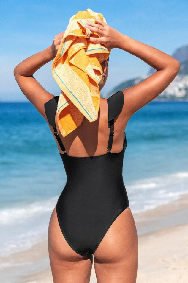 Women Tummy Control Swimsuits Cupshe Paluma Ruffled Plunge One Piece Swimsuit Black