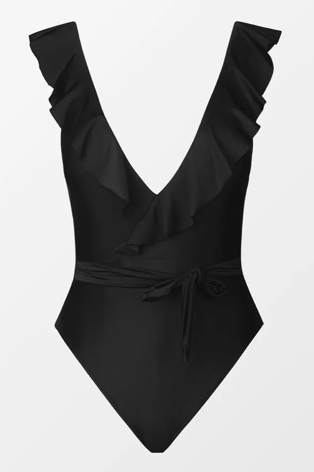 Women Tummy Control Swimsuits Cupshe Paluma Ruffled Plunge One Piece Swimsuit Black