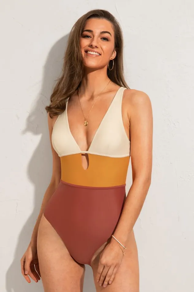 Women Tummy Control Swimsuits Cupshe Rose Colorblock Keyhole Cutout One Piece Swimsuit Multicolor