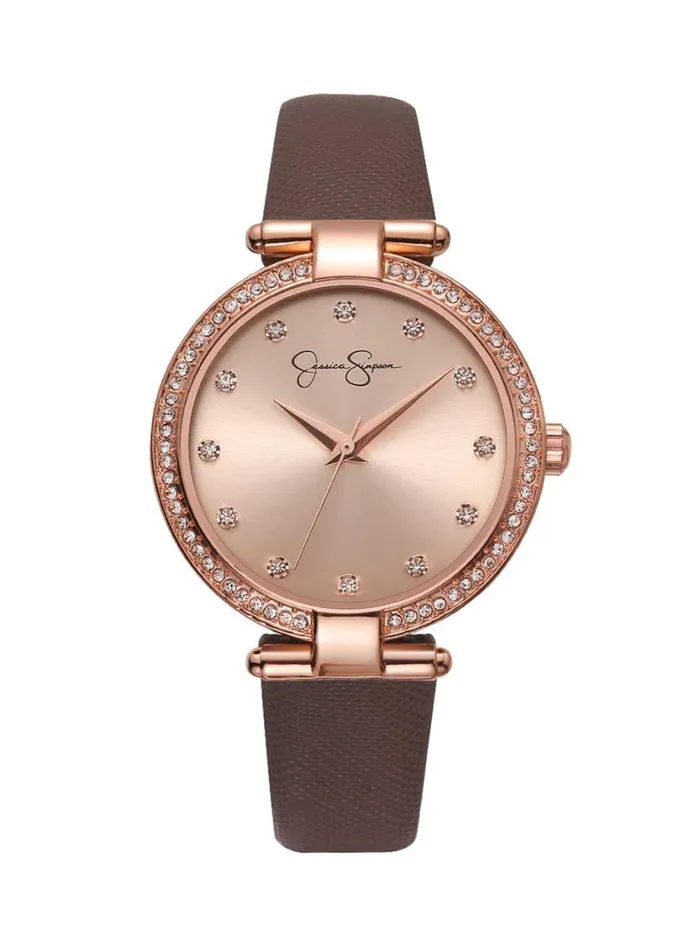 Women Watches Jessica Simpson Crystal Bezel Brown Strap Watch In Rose Gold Tone